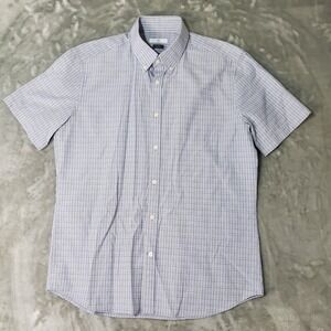 Mens XL Slim Fit Short Sleeve Button Down Shirt Blue White Micro Check Grid